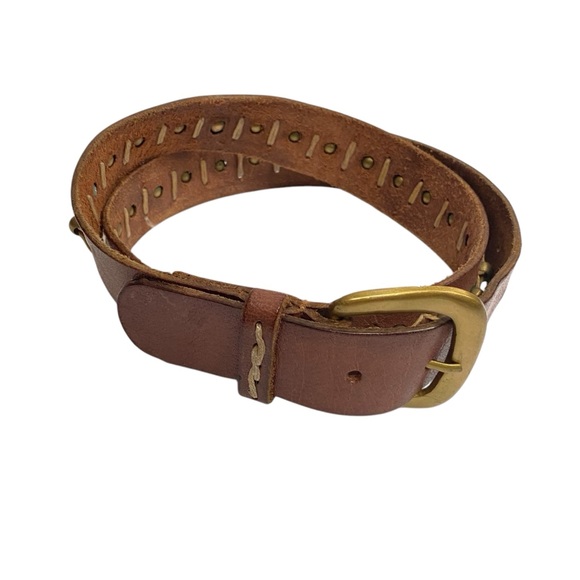 Vintage Brown Leather Belt Brass Studs Studded Boho Unique L XL - Picture 2 of 7